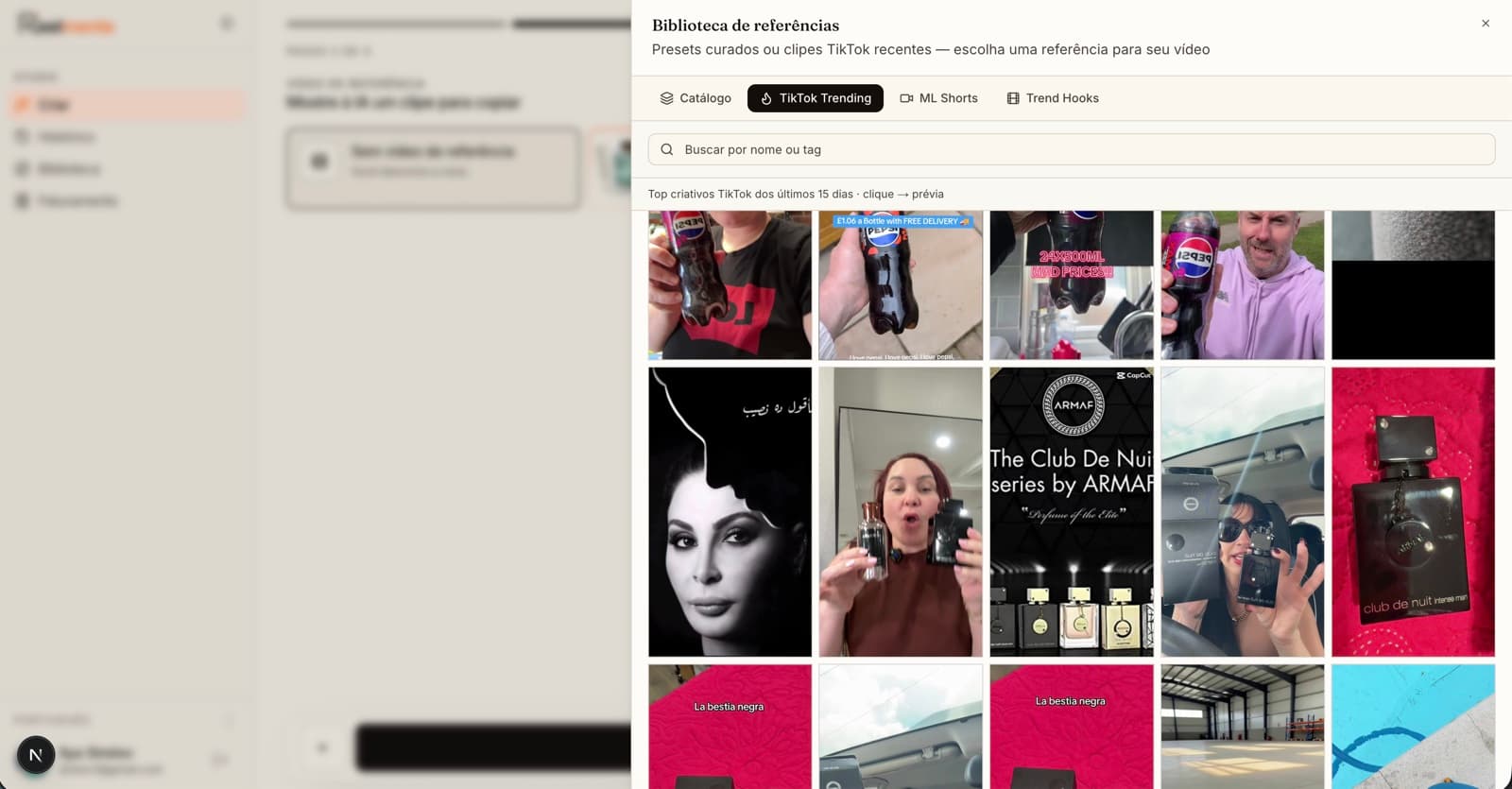 Biblioteca de referências do Reelmente com anúncios TikTok em alta